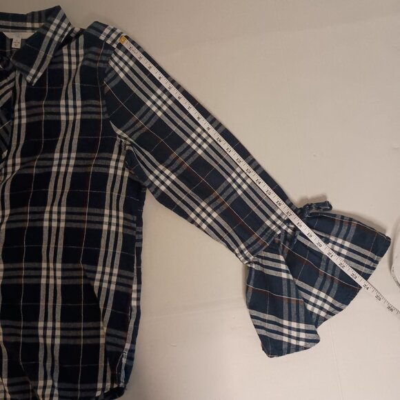 Time and Tru Women’s Blue Plaid Flannel ButtonUp Shirt Bell Sleeves Size L 12–14 - Picture 14 of 16